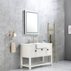 A 36x28 inch frameless LED bathroom mirror with front and back lighting, anti-fog feature, and dimmable touch controls mounted on a gray wall.