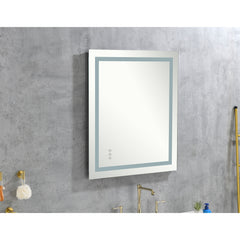 A 36x28 inch frameless LED bathroom mirror with front and back lighting, anti-fog, and dimmable features mounted on a gray wall.