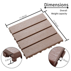 Diagram of a dark brown interlocking deck tile measuring 11.8 by 11.8 inches with weight capacity.