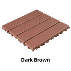Dark brown interlocking deck tile, 11.8x11.8 inches, waterproof and anti-slip.
