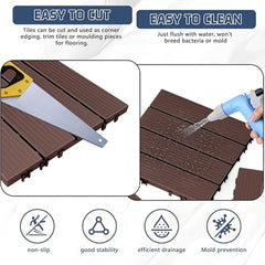 Dark brown interlocking deck tiles are shown being cut, cleaned, and highlighting features.