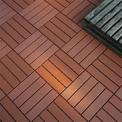 Dark brown interlocking deck tiles, 88 pieces, waterproof with wood-grain surface.