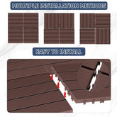 Dark brown plastic interlocking deck tiles are shown with multiple installation methods and easy assembly.