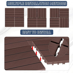 Dark brown plastic interlocking deck tiles are shown with multiple installation methods and easy assembly.