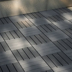 Dark grey plastic interlocking deck tiles, 11.8x11.8 inches, with grid pattern.