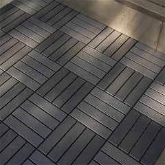 Dark grey plastic interlocking deck tiles, 11.8x11.8 inches, in a grid pattern.