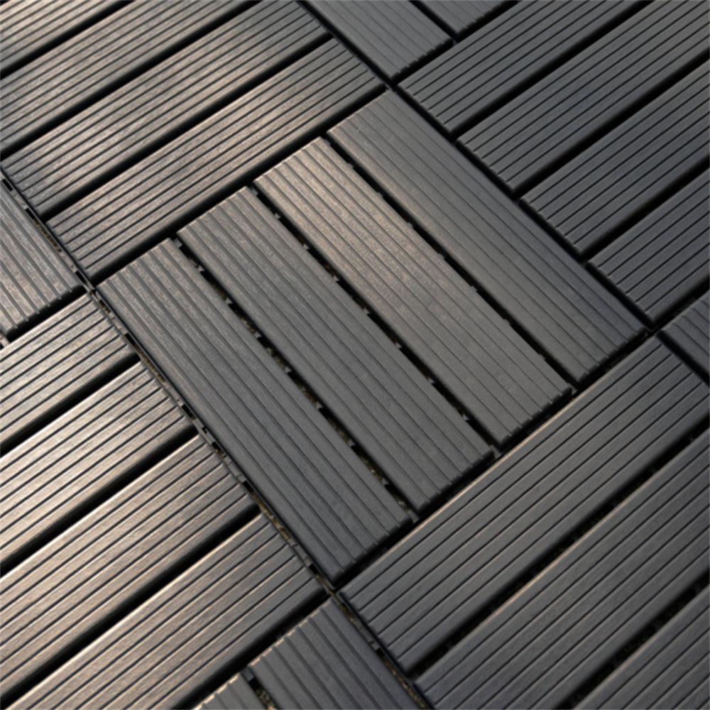 Dark grey plastic interlocking deck tiles, 11.8x11.8 inches, in a modular grid pattern.