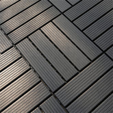 Dark grey plastic interlocking deck tiles, 11.8x11.8 inches, in a modular grid pattern.