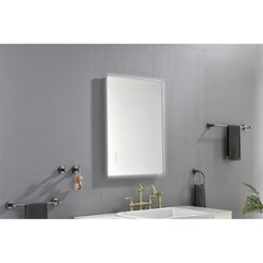 A 32x24 inch LED backlit bathroom mirror with anti-fog and dimmable features mounted above a gray vanity sink.