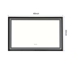 48x30 inch rectangular LED frontlit bathroom mirror with gray frame and dimension labels.