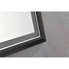 A 48x30 inch rectangular LED frontlit bathroom mirror with black frame, anti-fog feature, and dimmable lighting.