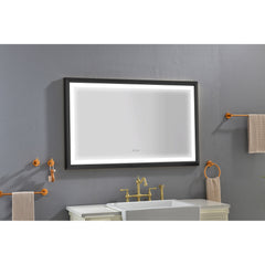 A 48x30 inch rectangular LED frontlit bathroom mirror with black frame, mounted above a white vanity sink.