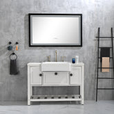 A 48x30 inch LED frontlit bathroom mirror with anti-fog and dimmable features mounted above a white vanity sink.