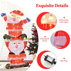 LED Santa figure with 80 lights, waterproof tinsel, and safe plug for Christmas yard decor.