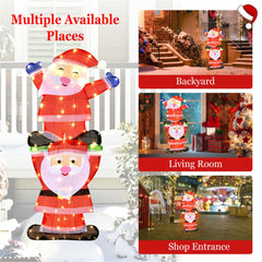 LED Santa figures with 80 lights for Christmas yard decor, shown in backyard, living room, and shop entrance setups.