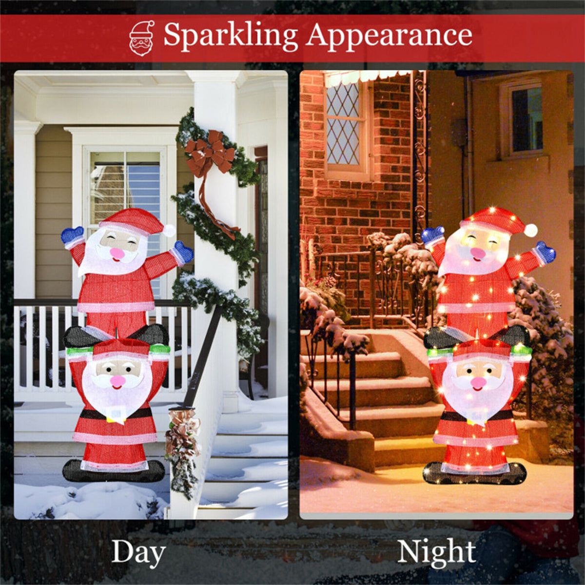 Two LED-lit Santa figures stacked in yard decor, shown in day and night views.