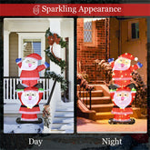 Two LED-lit Santa figures stacked in yard decor, shown in day and night views.