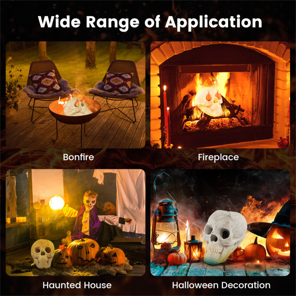 A beige ceramic fire pit skull is shown in four different Halloween settings.