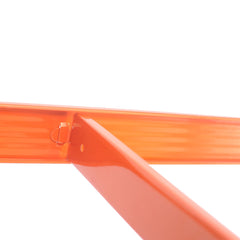 Orange metal shelving unit showing intersecting beams and a clip detail.