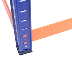 Blue and orange heavy-duty metal shelving unit corner with vertical supports and horizontal beams.