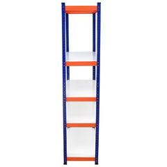 A 5-tier heavy-duty metal shelving unit in blue and orange with white shelves.