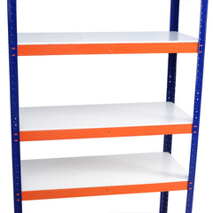 A blue and orange 5-tier metal shelving unit with white shelves, designed for heavy-duty garage storage.