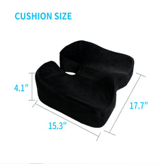 A black U-shaped ergonomic seat cushion with dimensions of 17.7" x 15.3" x 4.1".