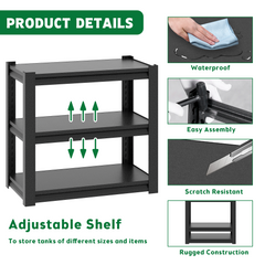 Black metal 3-tier adjustable aquarium stand for 40-50 gallon tanks with heavy-duty shelves.