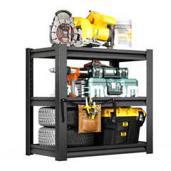 Black metal 3-tier adjustable aquarium stand for 40-50 gallon tanks, with shelves and storage.