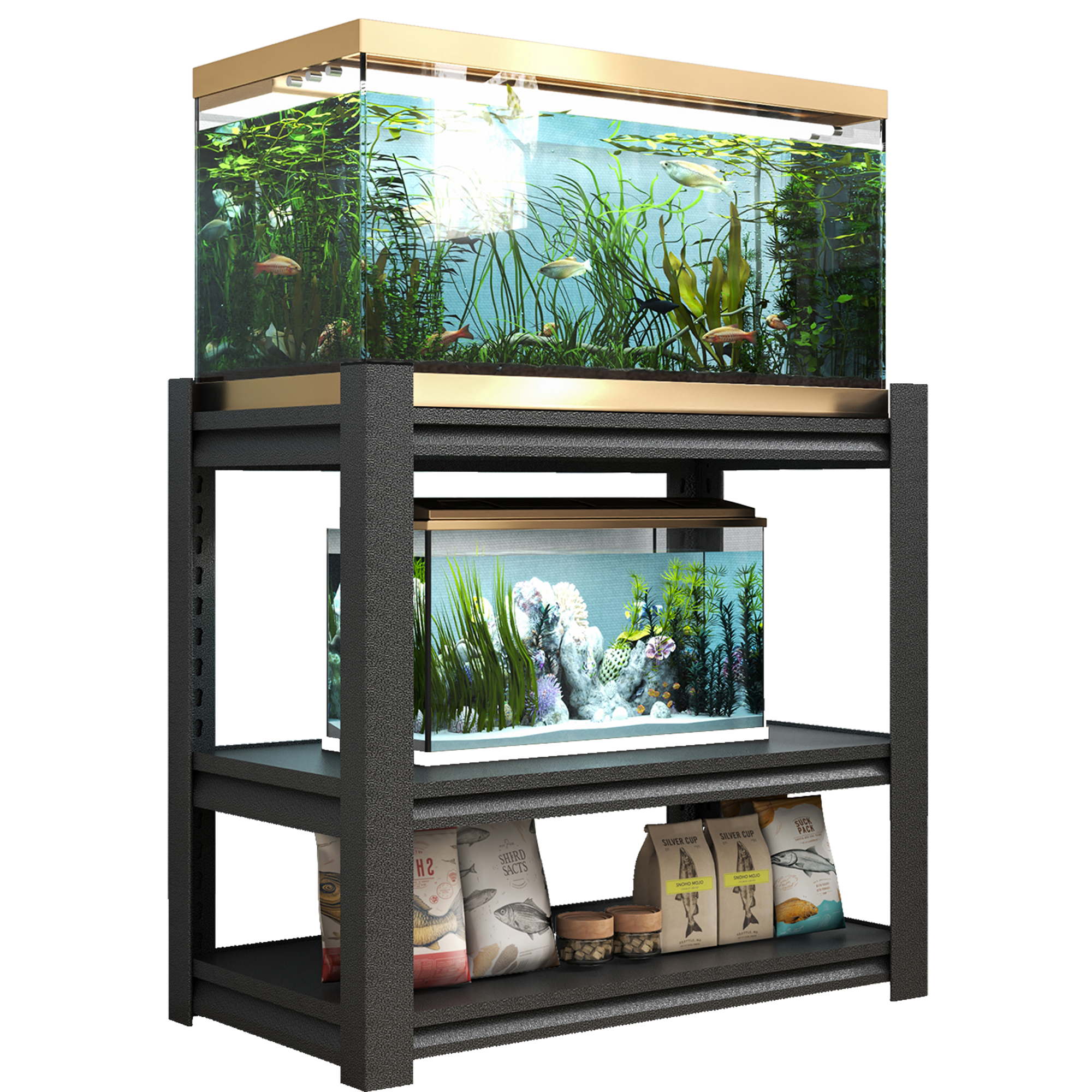 Black metal 3-tier adjustable stand holding a 40-50 gallon aquarium with plants and fish.