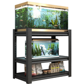 Black metal 3-tier adjustable stand holding a 40-50 gallon aquarium with plants and fish.