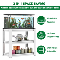 White metal 3-tier adjustable aquarium stand for 40-50 gallon tanks with 660 lbs capacity.