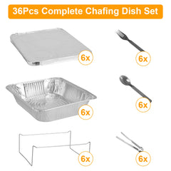36-piece disposable chafing dish set with 6 aluminum foil pans, lids, stands, and utensils.