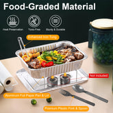 Disposable chafing dish set with aluminum foil pans, lids, stands, tongs, fork, and spoon.