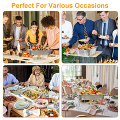 Collage of diverse people using aluminum foil chafing dishes and utensils at various events.