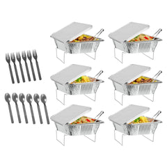 36-piece disposable aluminum foil chafing dish set with six pans, lids, stands, and utensils.