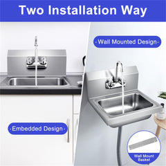 Stainless steel wall-mounted kitchen sink with deck and wall installation options, 17x15x14.5 inches.