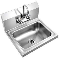 Wall-mounted stainless steel kitchen sink with gooseneck faucet, 17x15x14.5 inches.