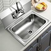 Stainless steel wall-mounted kitchen sink with gooseneck faucet, 17x15 inch bowl, and backsplash.