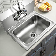 Stainless steel wall-mounted kitchen sink with gooseneck faucet, 17x15 inch bowl, and backsplash.