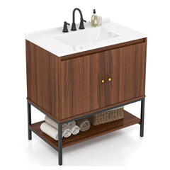 Walnut bathroom vanity sink set with white sink, black faucet, and storage shelf, 31x19x41 inches.