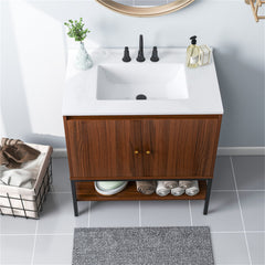 Walnut bathroom vanity sink set with white sink, black faucet, and storage cabinets.
