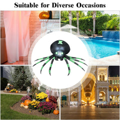 A black and green inflatable spider with LED lights, shown in various settings.