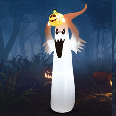 6ft inflatable Halloween ghost with pumpkin hat, LED lights, in dark forest setting.