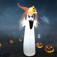 6ft inflatable Halloween ghost with pumpkin hat, LED lights, and graveyard scene.
