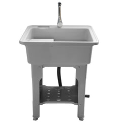 Grey freestanding laundry sink with a washboard, faucet, and lower storage shelf.