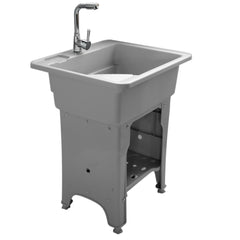 Grey freestanding laundry sink with a washboard and faucet.