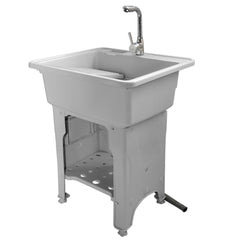 Grey freestanding laundry sink with a washboard and faucet.