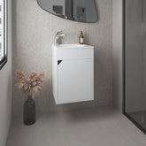 Tale Floating Wide One-Door Vanity With Resin Sink And Two Shelves, Bathroom Storage, White