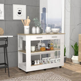Astyanax Kitchen Island 46, Six Casters, Two Drawers, Lower Open Shelf -White / Light Oak